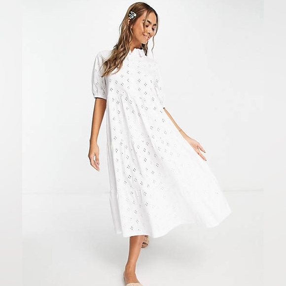 asos broderie midi dress ASOS DESIGN v neck short sleeve with broderie midi dress in black
